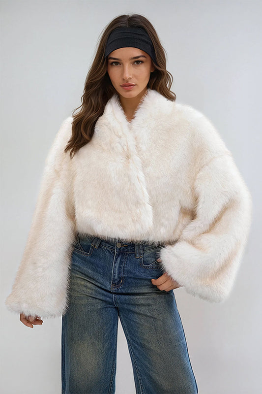 Oversized Cropped Fluffy Faux Fur Jacket - White