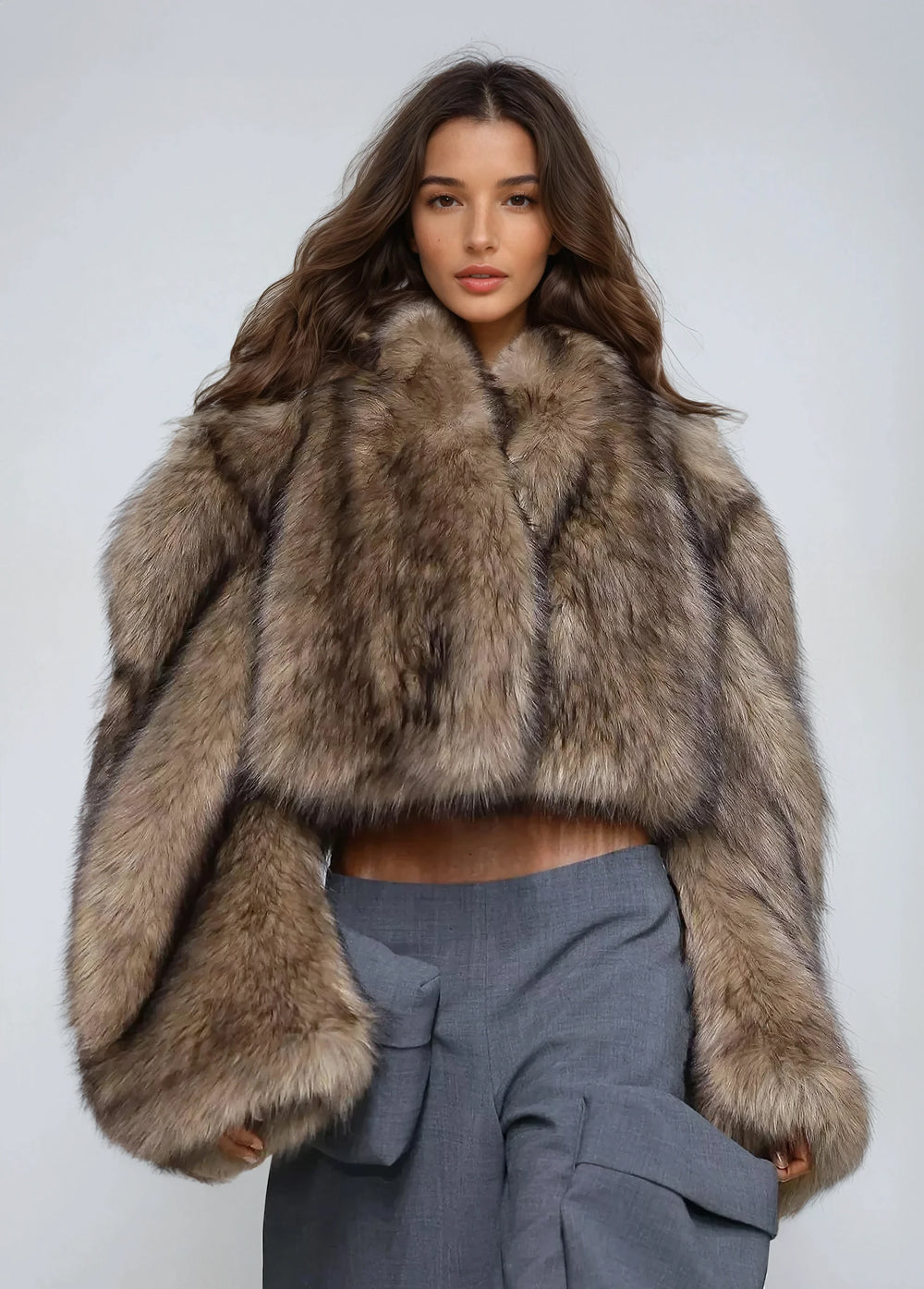 Oversized Cropped Fluffy Faux Fur Jacket - Brown