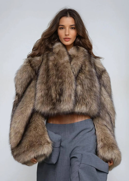 Oversized Cropped Fluffy Faux Fur Jacket - Brown