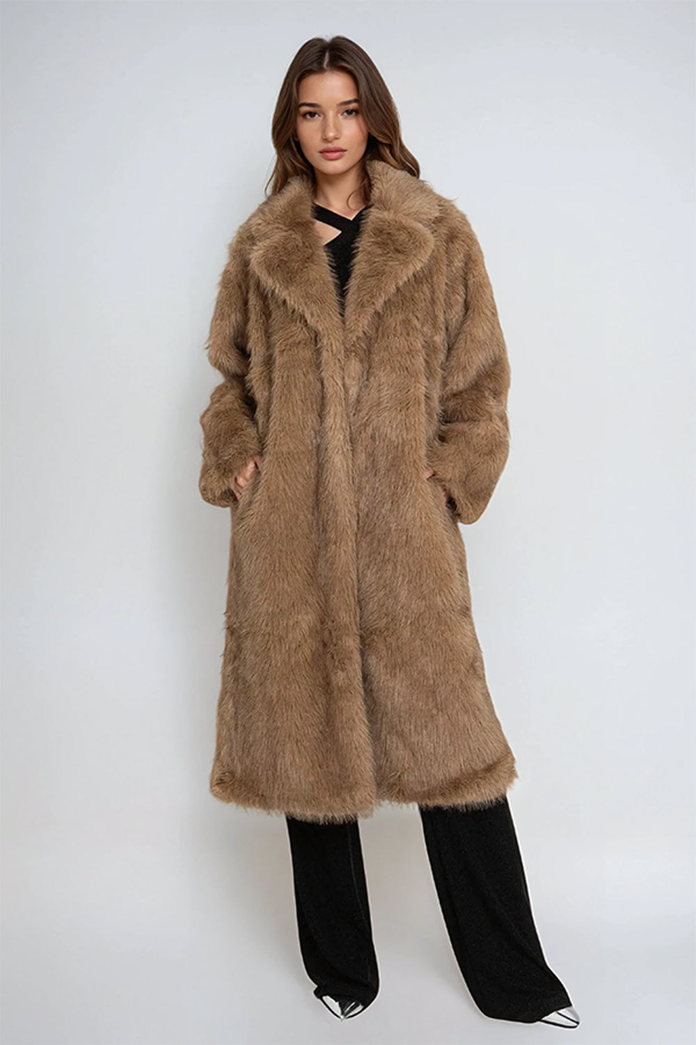 Long Faux Fur Coat with Wide Lapel - Brown