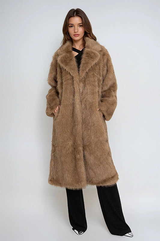 Long Faux Fur Coat with Wide Lapel - Brown