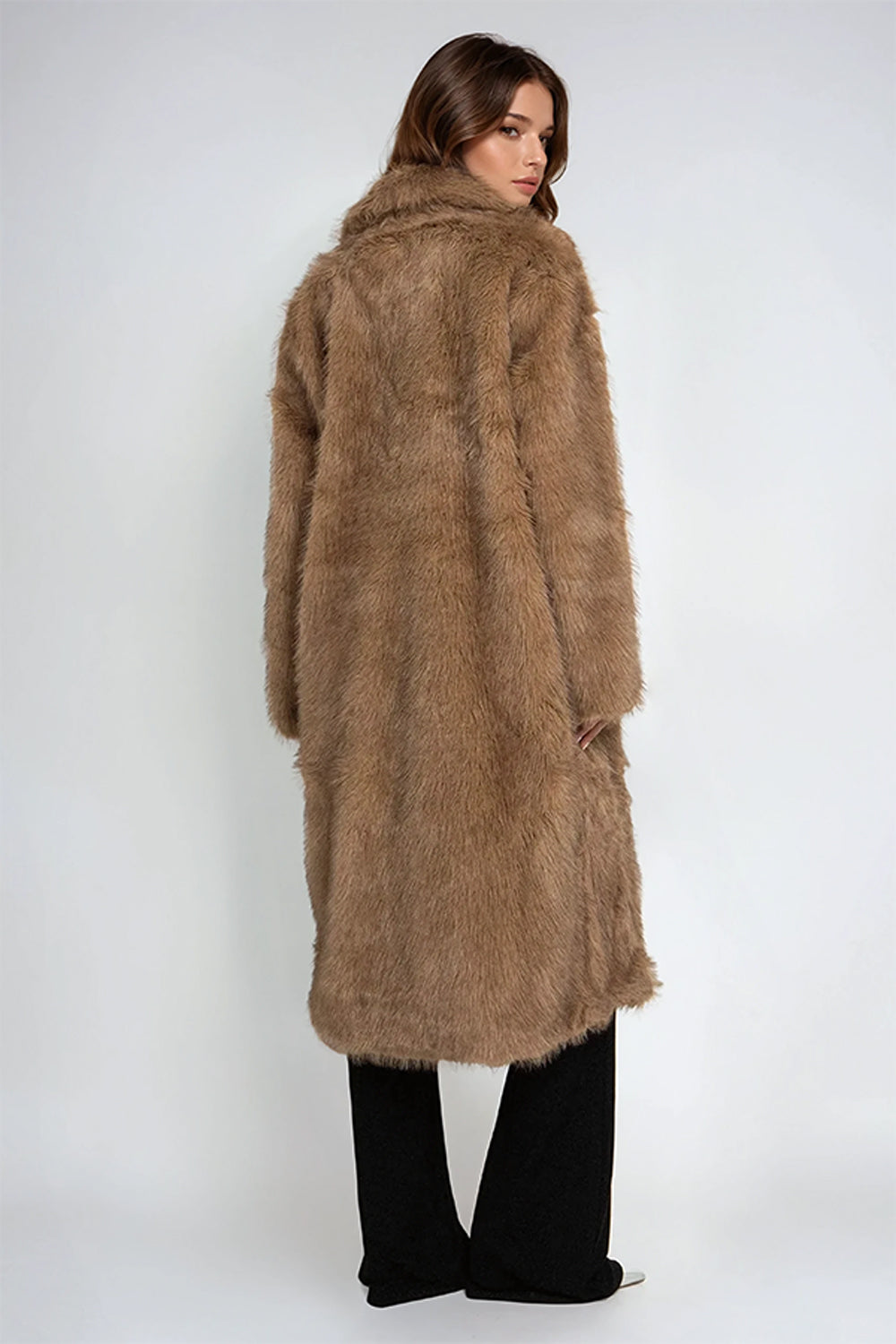 Long Faux Fur Coat with Wide Lapel - Brown