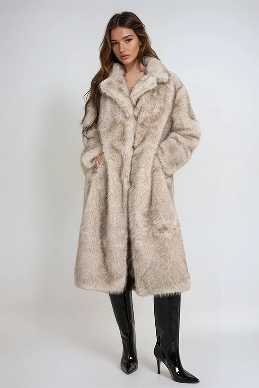 Long Faux Fur Coat with Wide Lapel - Light Gray