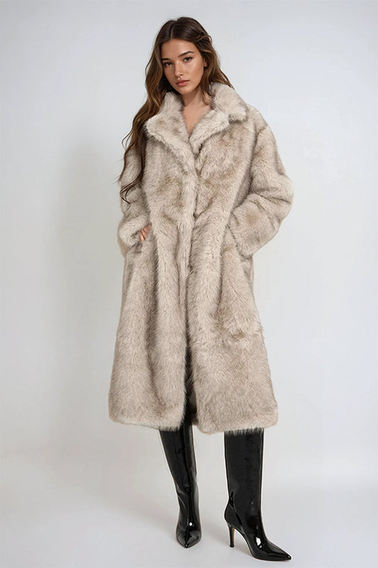 Long Faux Fur Coat with Wide Lapel - Beige