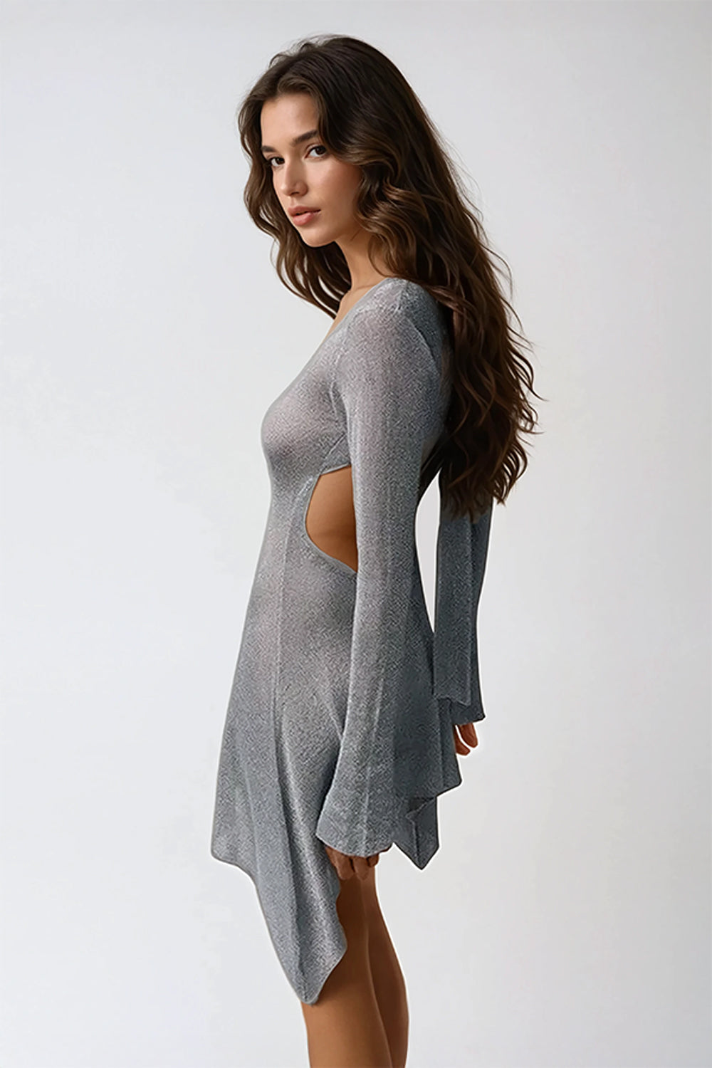Long Sleeve Asymmetrical Mini Dress with Open Back - Gray