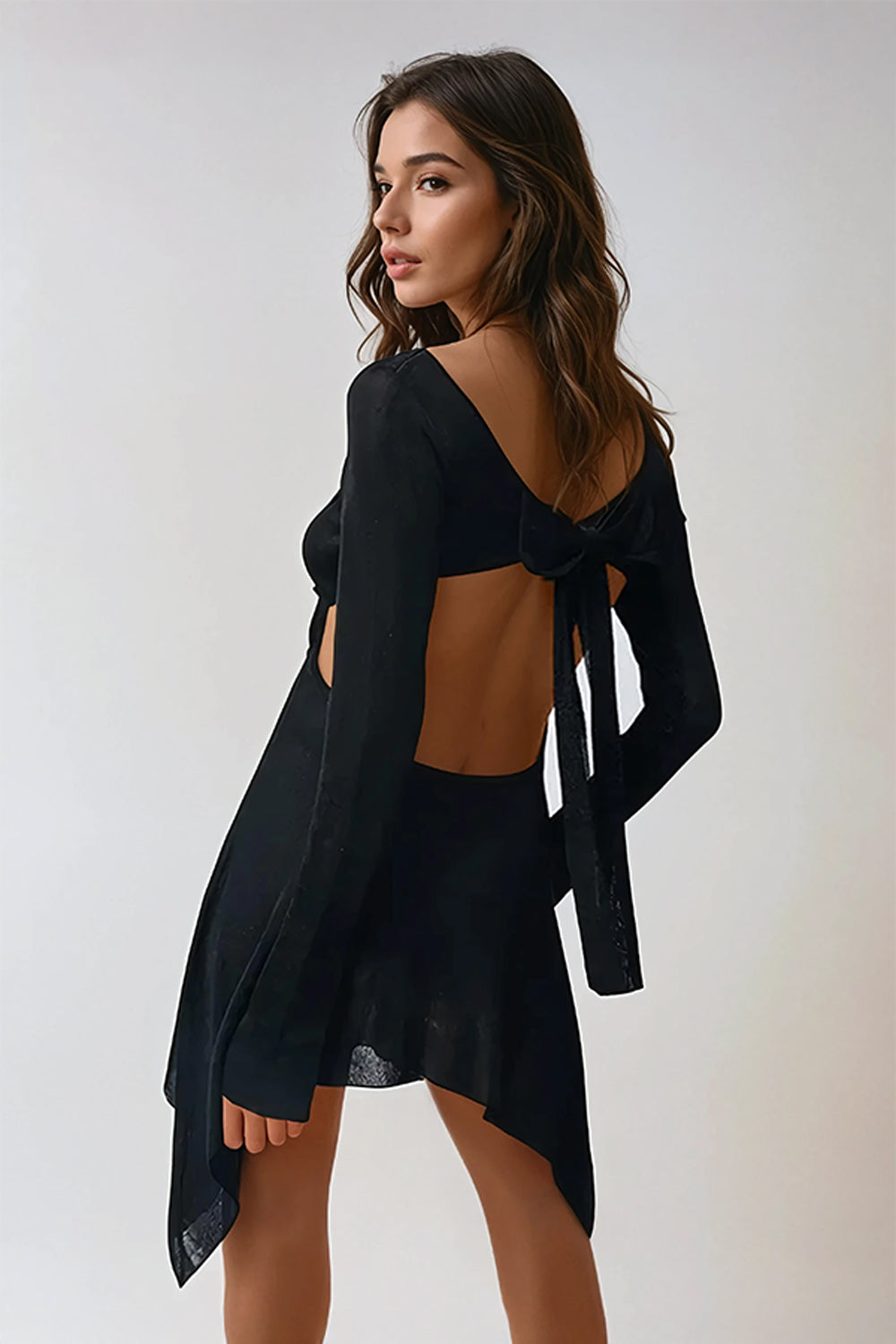 Long Sleeve Asymmetrical Mini Dress with Open Back - Black