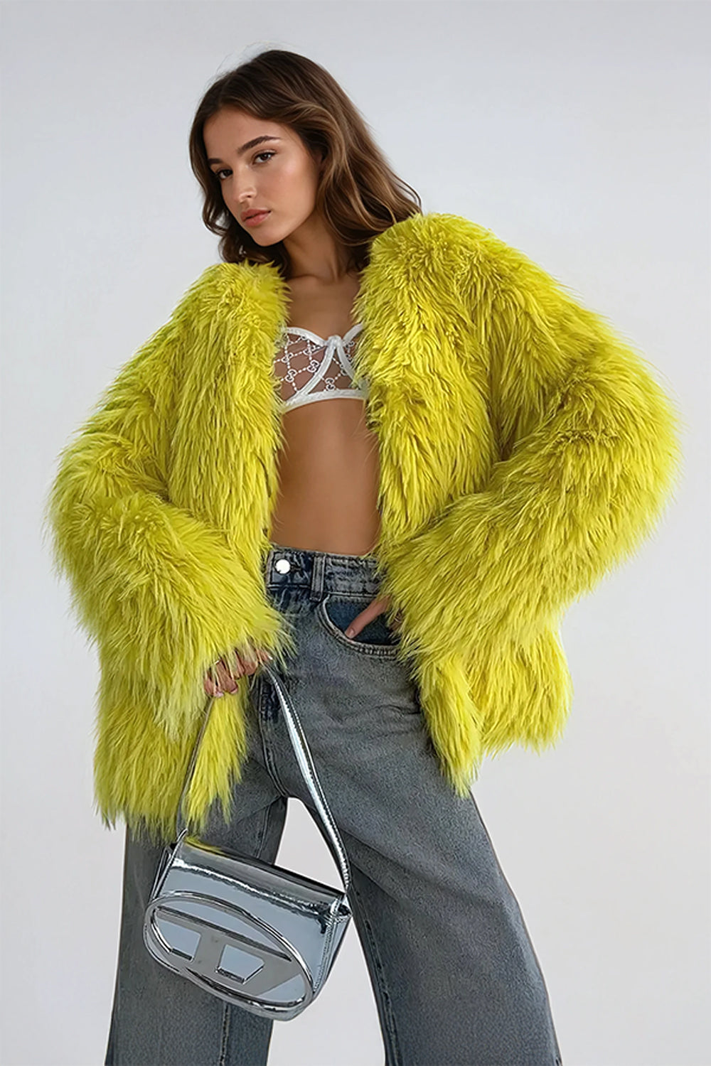 Fluffy Oversized Long Coat with Open Front Design - Yellow