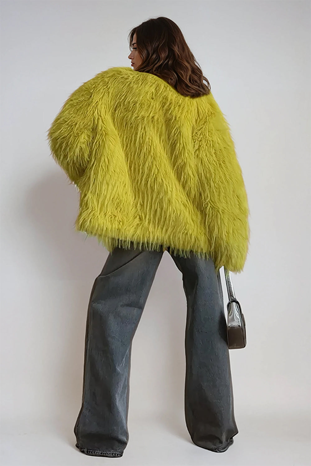 Fluffy Oversized Long Coat with Open Front Design - Yellow