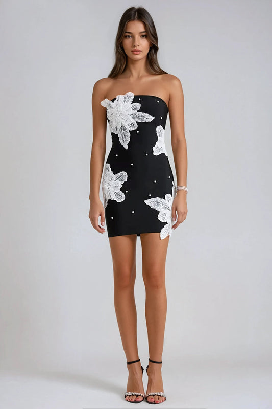 Strapless Mini Dress with Floral Lace Detail and Pearl Details - Black