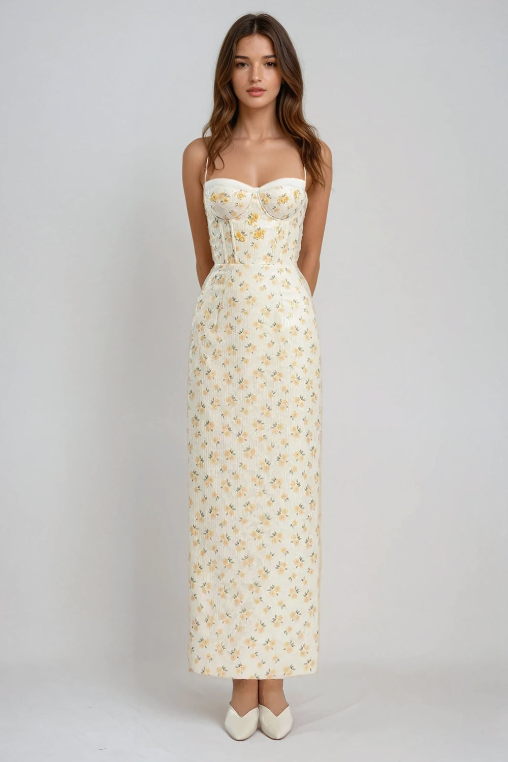 Floral Embroidered Corset Maxi Dress with Spaghetti Straps - White