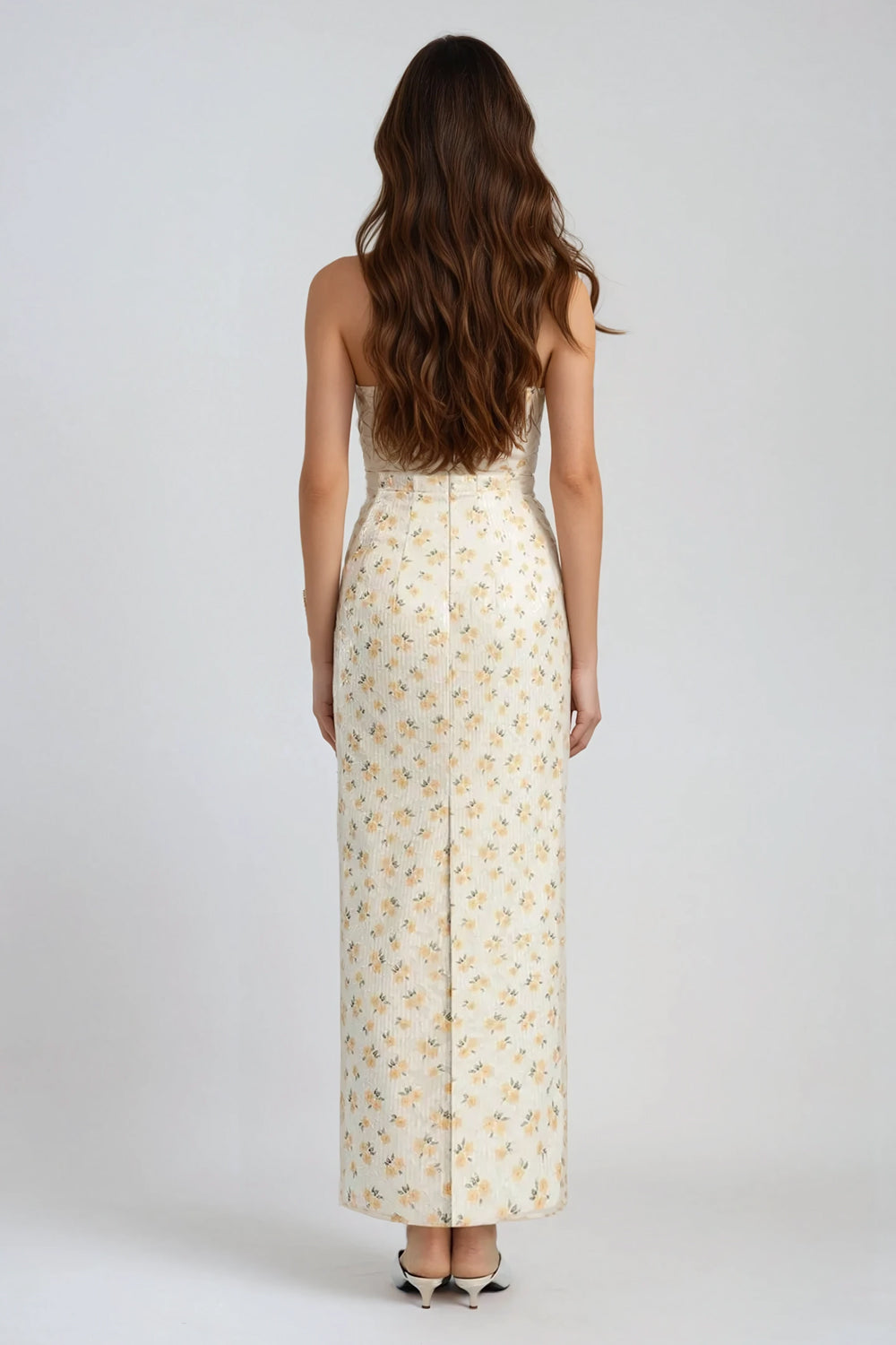 Floral Embroidered Corset Maxi Dress with Spaghetti Straps - White