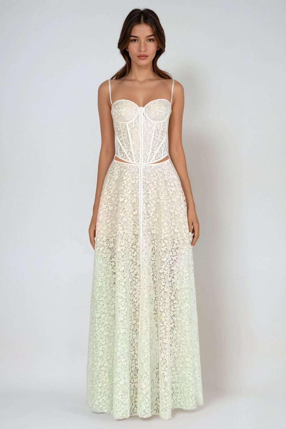 Lace Corset Maxi Dress with Spaghetti Straps - Green