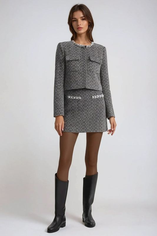 Two-Piece Set with Embellished Cropped Jacket and Mini Skirt - Gray