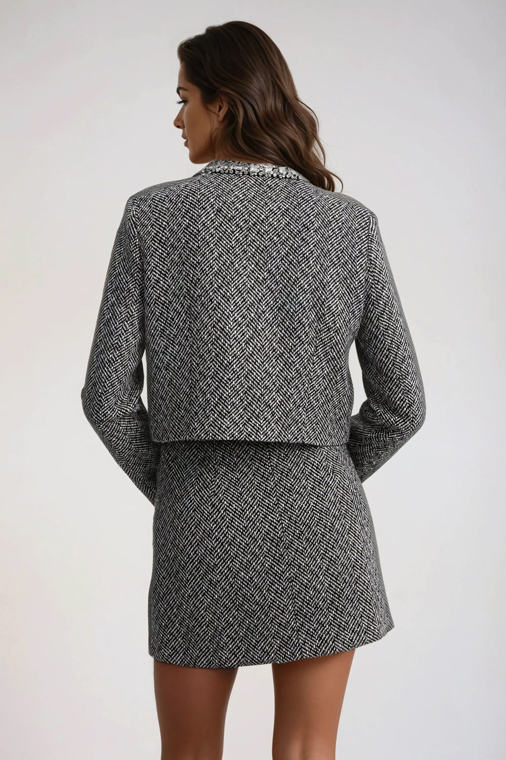 Two-Piece Set with Embellished Cropped Jacket and Mini Skirt - Gray