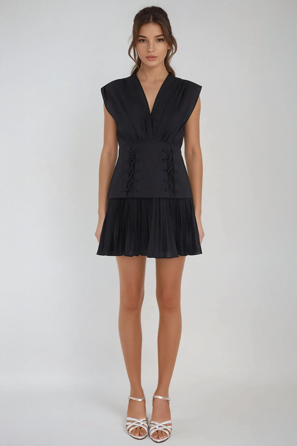 Mini Dress with Deep V-Neckline and Corset Waist - Black