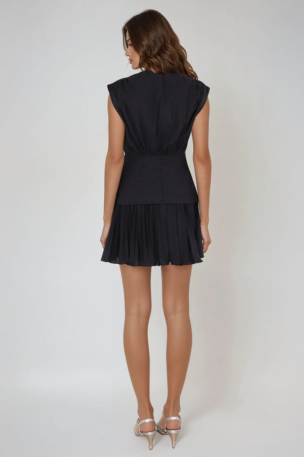 Mini Dress with Deep V-Neckline and Corset Waist - Black