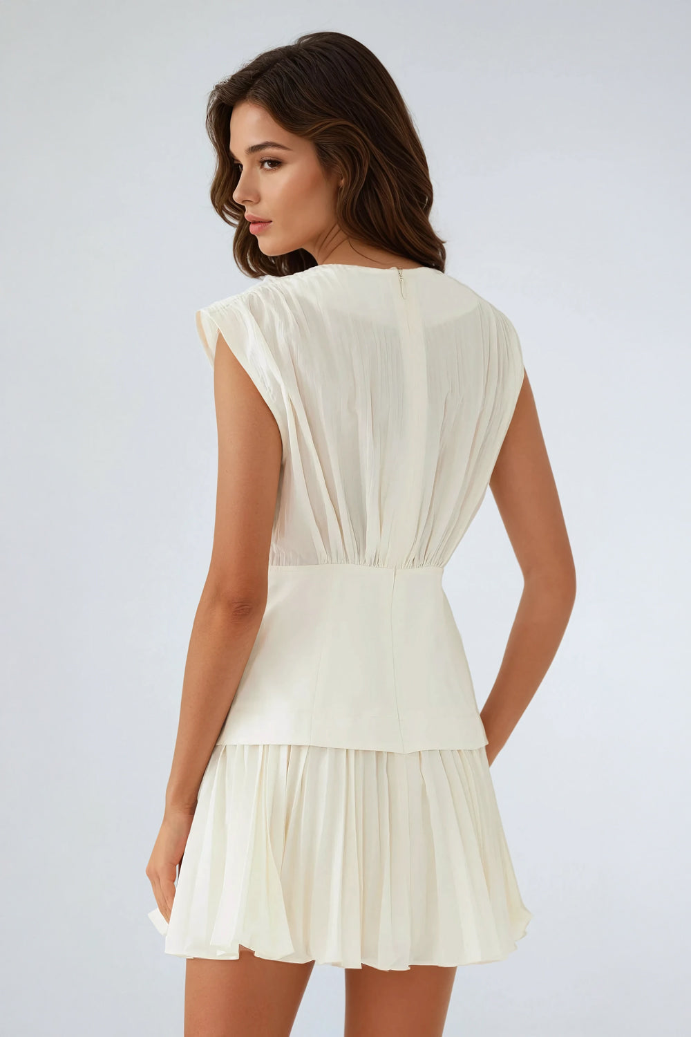 Mini Dress with Deep V-Neckline and Corset Waist - White