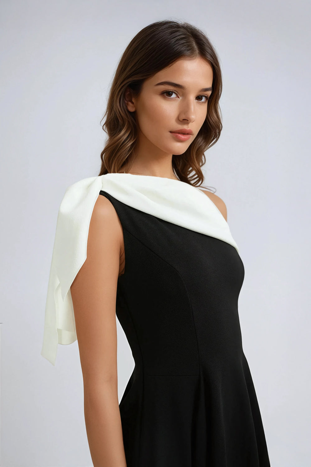 Asymmetrical Mini Dress with Draped Bow Detail - Black