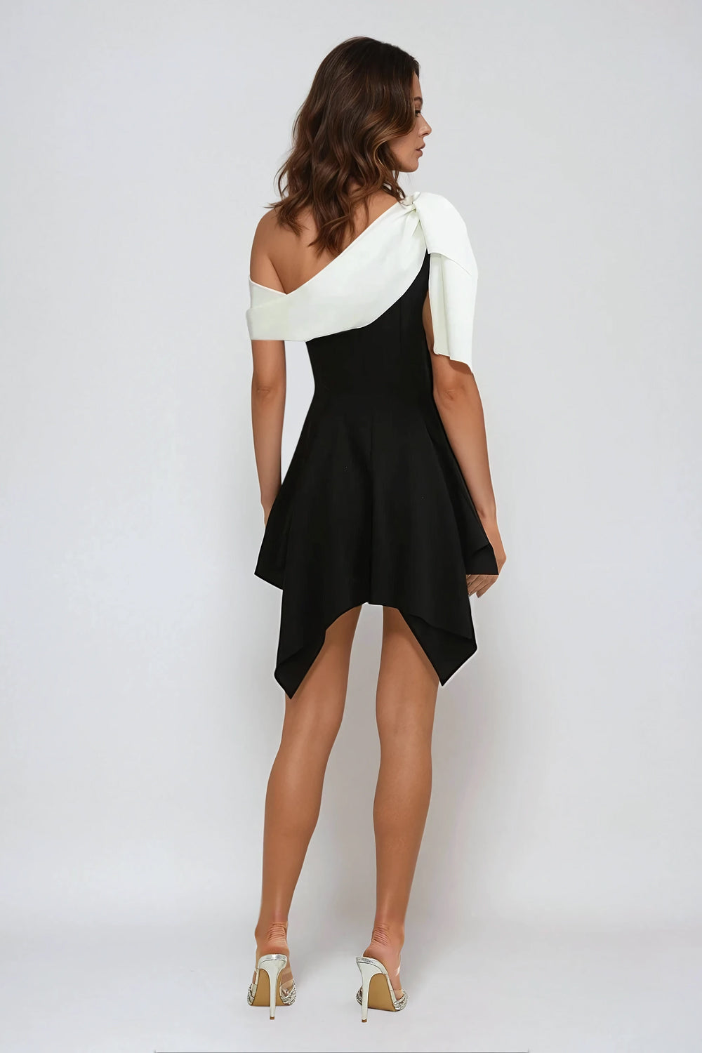 Asymmetrical Mini Dress with Draped Bow Detail - Black