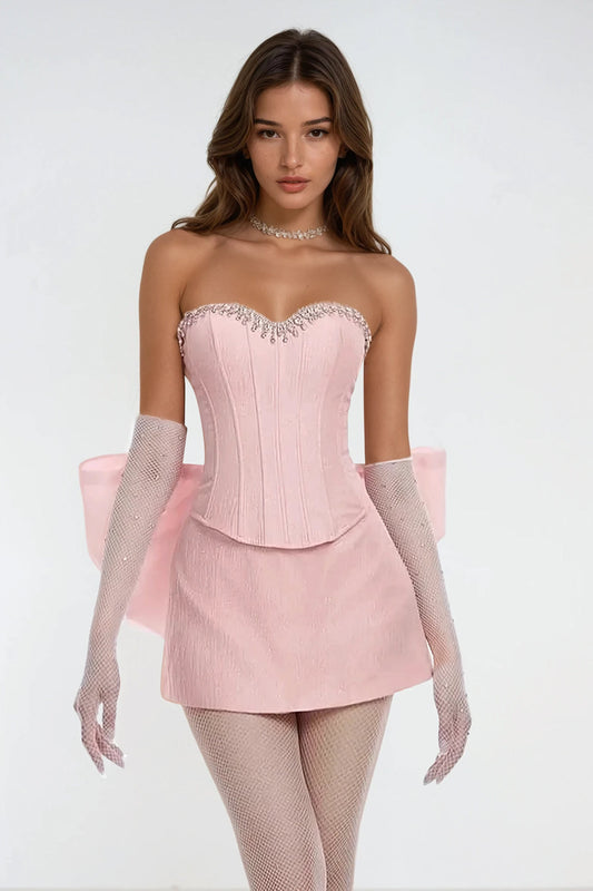 Two-Piece Set with Embellished Corset Top and Bow Mini Skirt - Pink