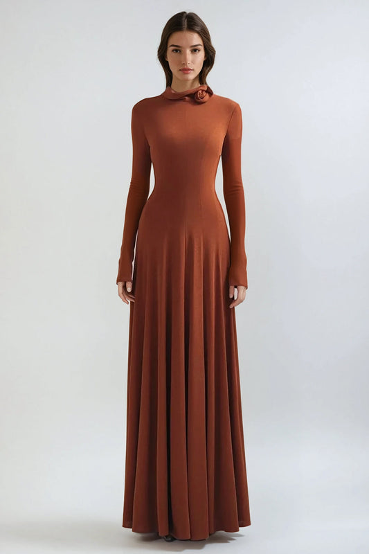 Long Sleeve High-Neck Maxi Dress with Decorative Rose Accent - Brown
