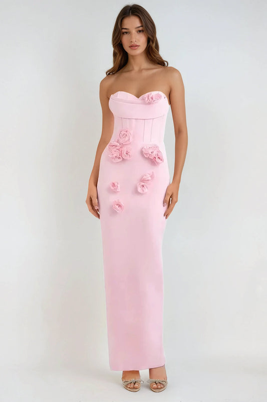 Strapless Maxi Dress with 3D Floral Details and Back Slit - Pink