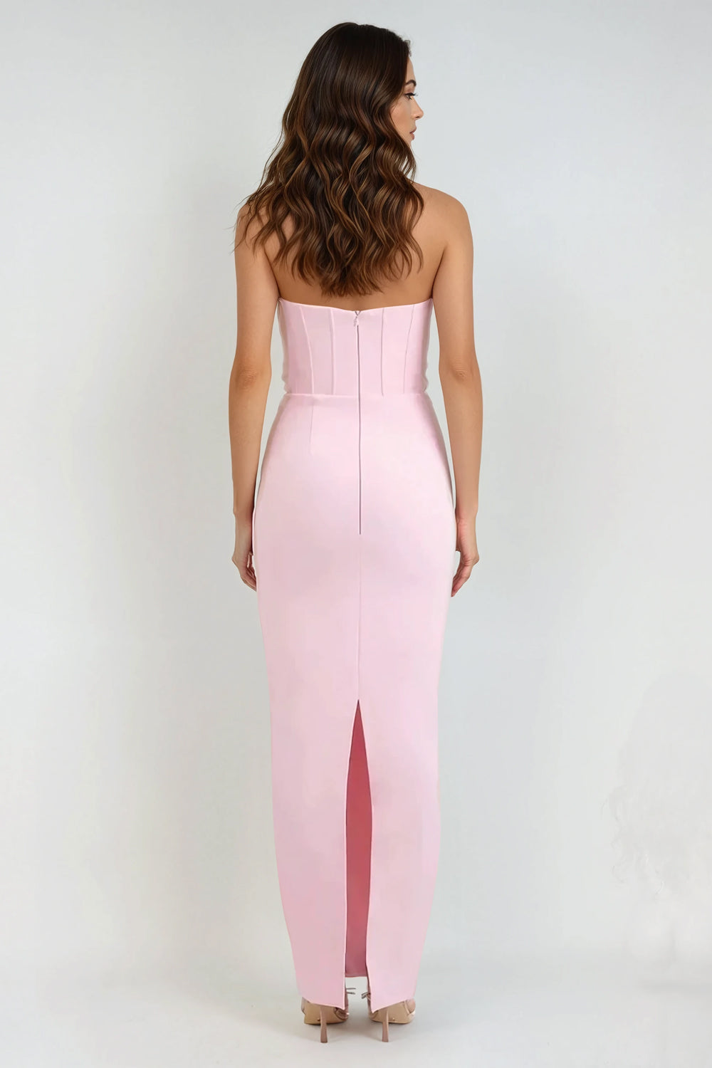 Strapless Maxi Dress with 3D Floral Details and Back Slit - Pink