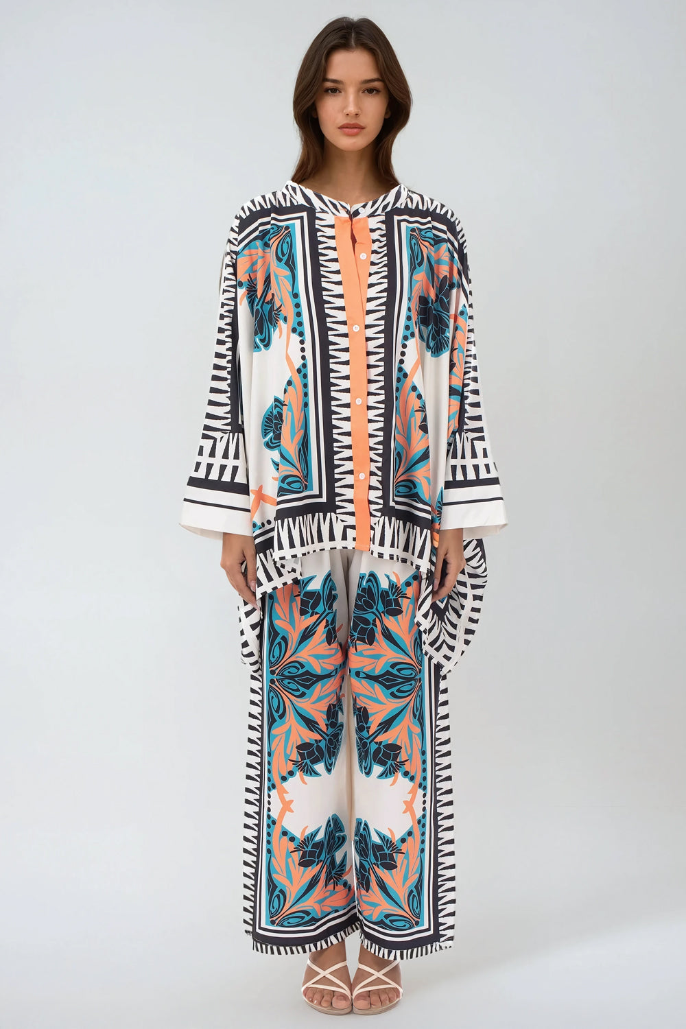 Two-Piece Set with Printed Cape Top and Wide-Leg Pants - White