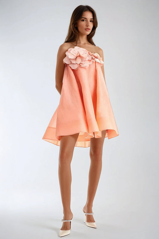 Strapless Mini Dress with Oversized Floral Embellishments - Beige