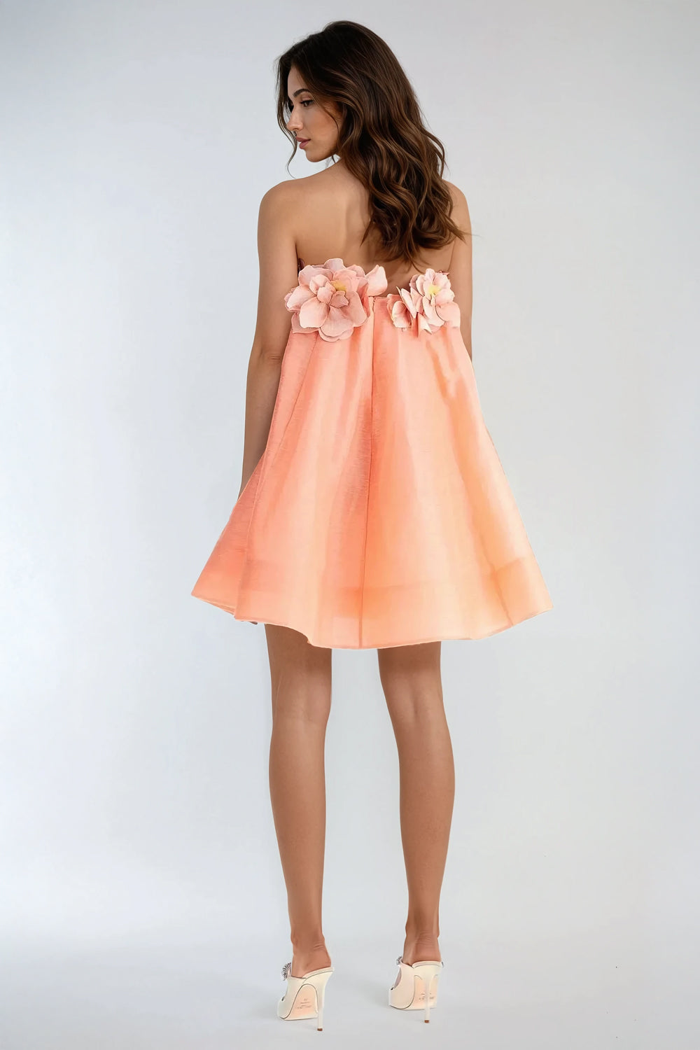 Strapless Mini Dress with Oversized Floral Embellishments - Beige