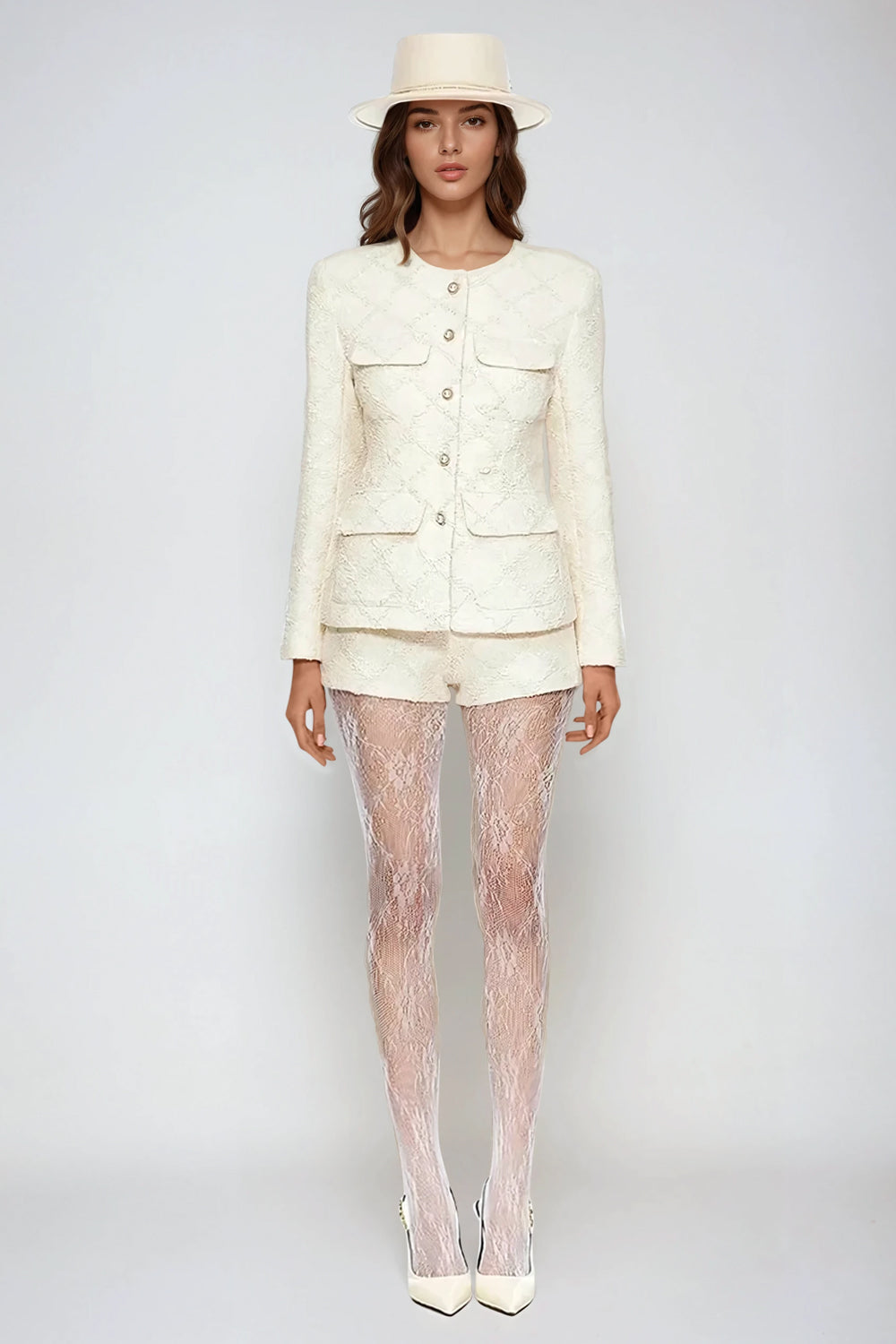 Two-Piece Set with Textured Blazer and Shorts - Beige