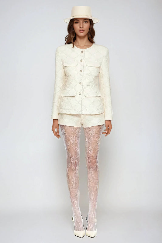 Two-Piece Set with Textured Blazer and Shorts - Beige