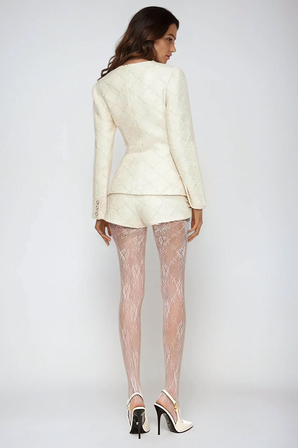 Two-Piece Set with Textured Blazer and Shorts - Beige