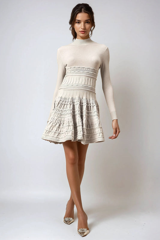 Long Sleeve High Neck Tiered Ruffle Dress - Gray