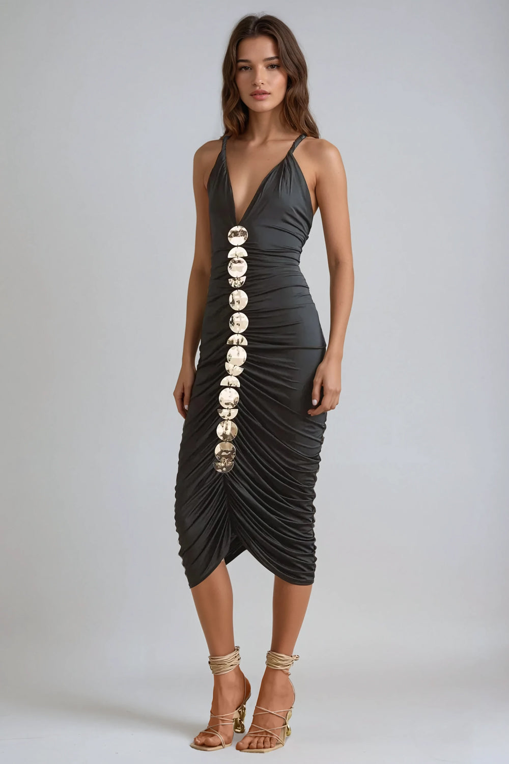 Halter Neck Ruched Midi Dress with Metal Accents - Black