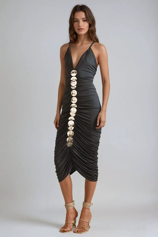 Halter Neck Ruched Midi Dress with Metal Accents - Black