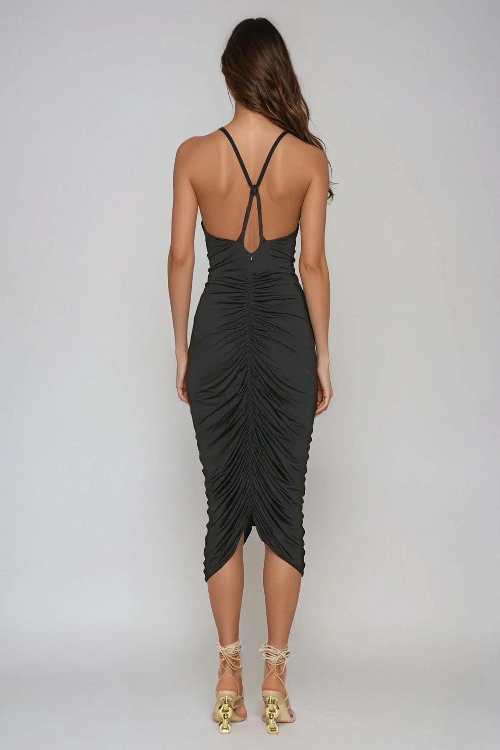 Halter Neck Ruched Midi Dress with Metal Accents - Black