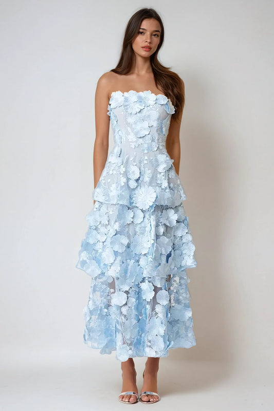 Strapless Tiered 3D Floral Midi Dress - Blue