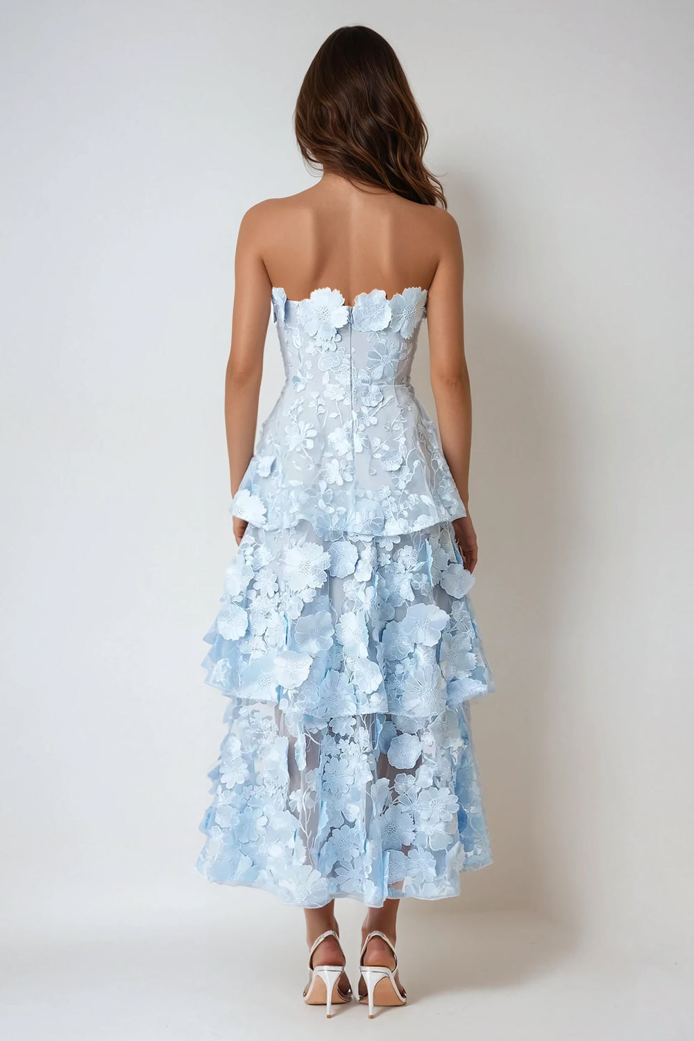 Strapless Tiered 3D Floral Midi Dress - Blue