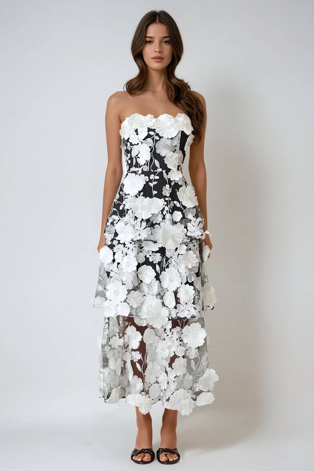 Strapless Tiered 3D Floral Midi Dress - Black