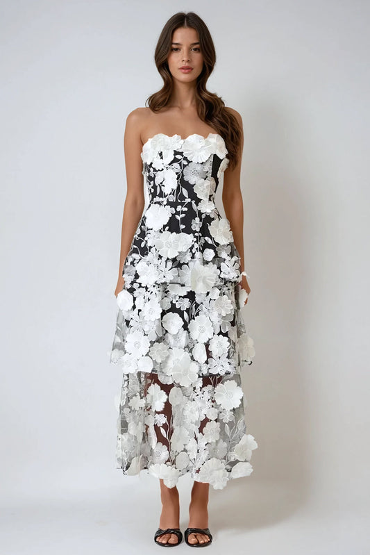 Strapless Tiered 3D Floral Midi Dress - Black