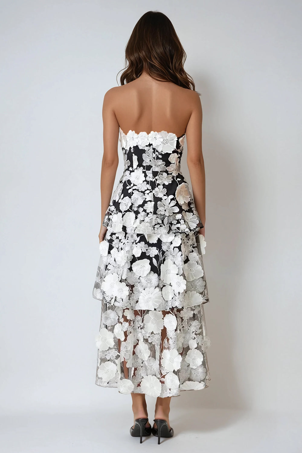 Strapless Tiered 3D Floral Midi Dress - Black
