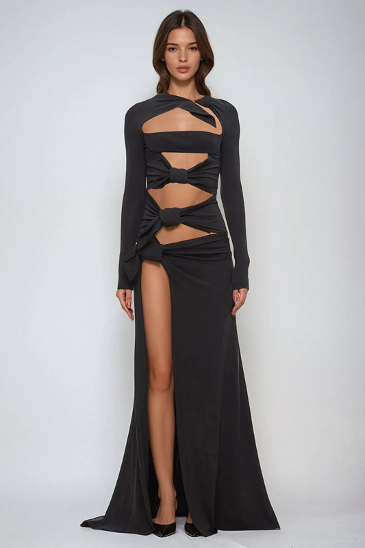 Long Sleeve Cut-Out Maxi Dress - Black