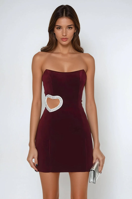Velvet Mini Dress with Heart Cut-Out - Red