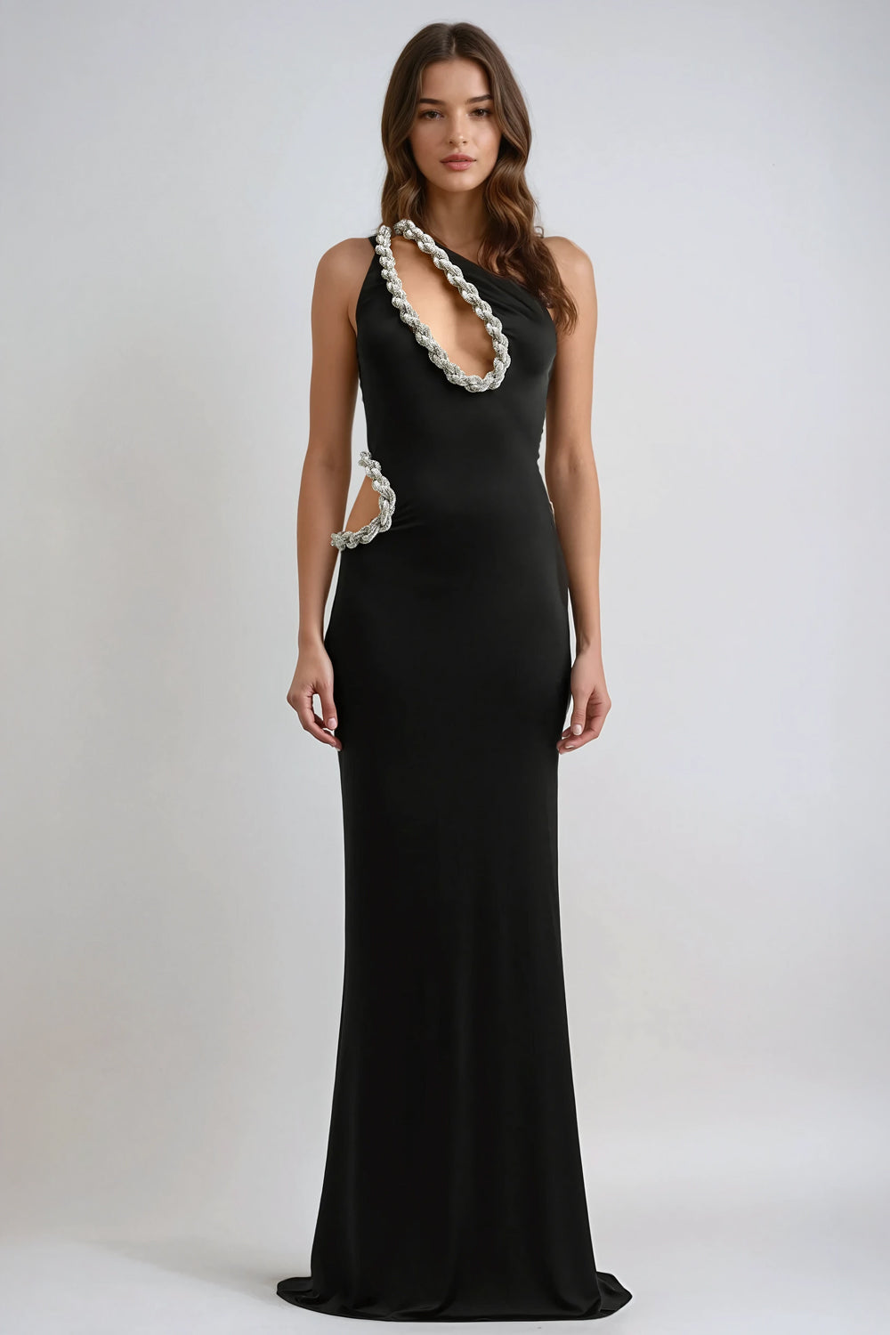 Asymmetrical Maxi Dress with Crystal-Embellished Cutouts - Black