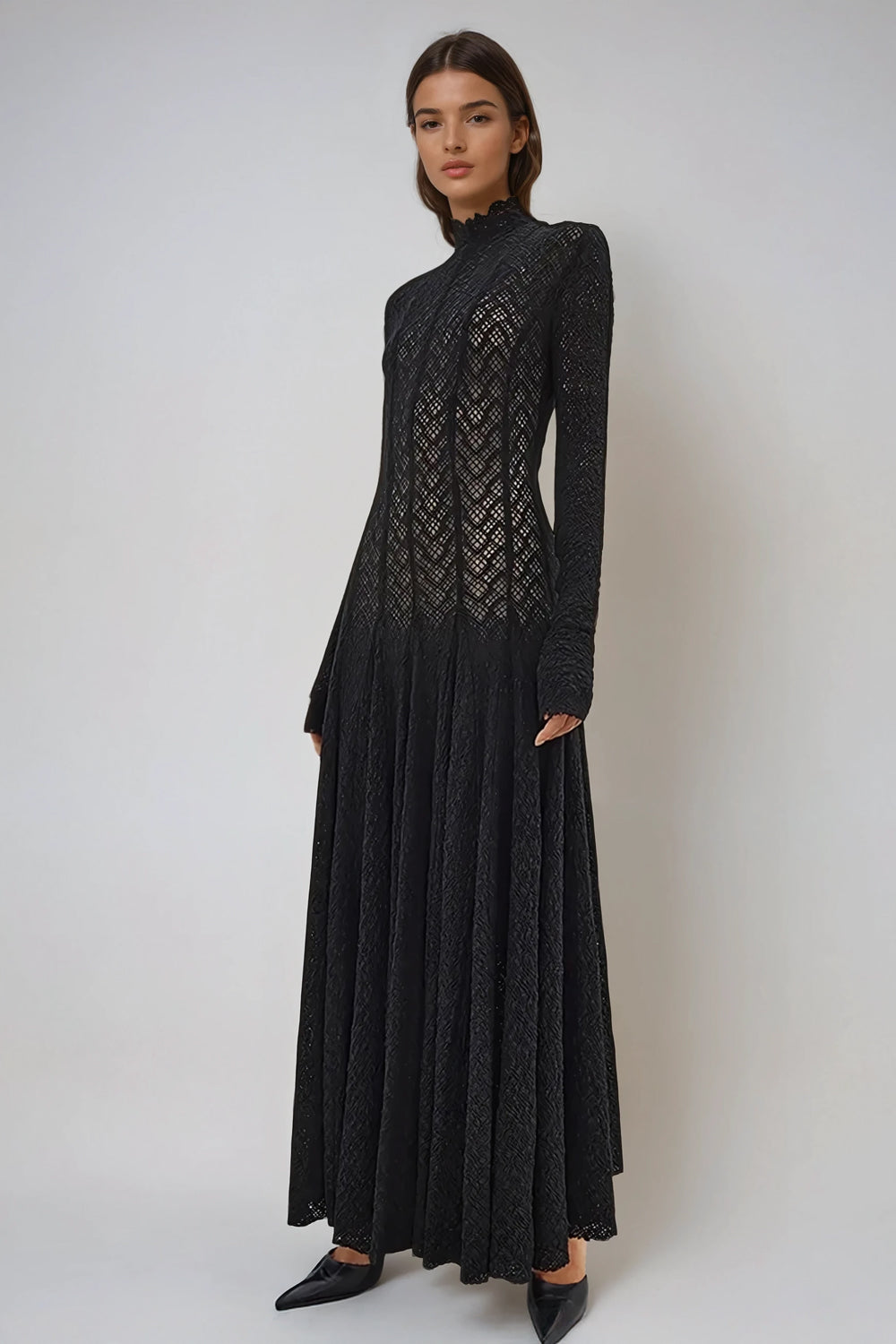High-Neck Knitted Maxi Dress with Sheer Panels - Black