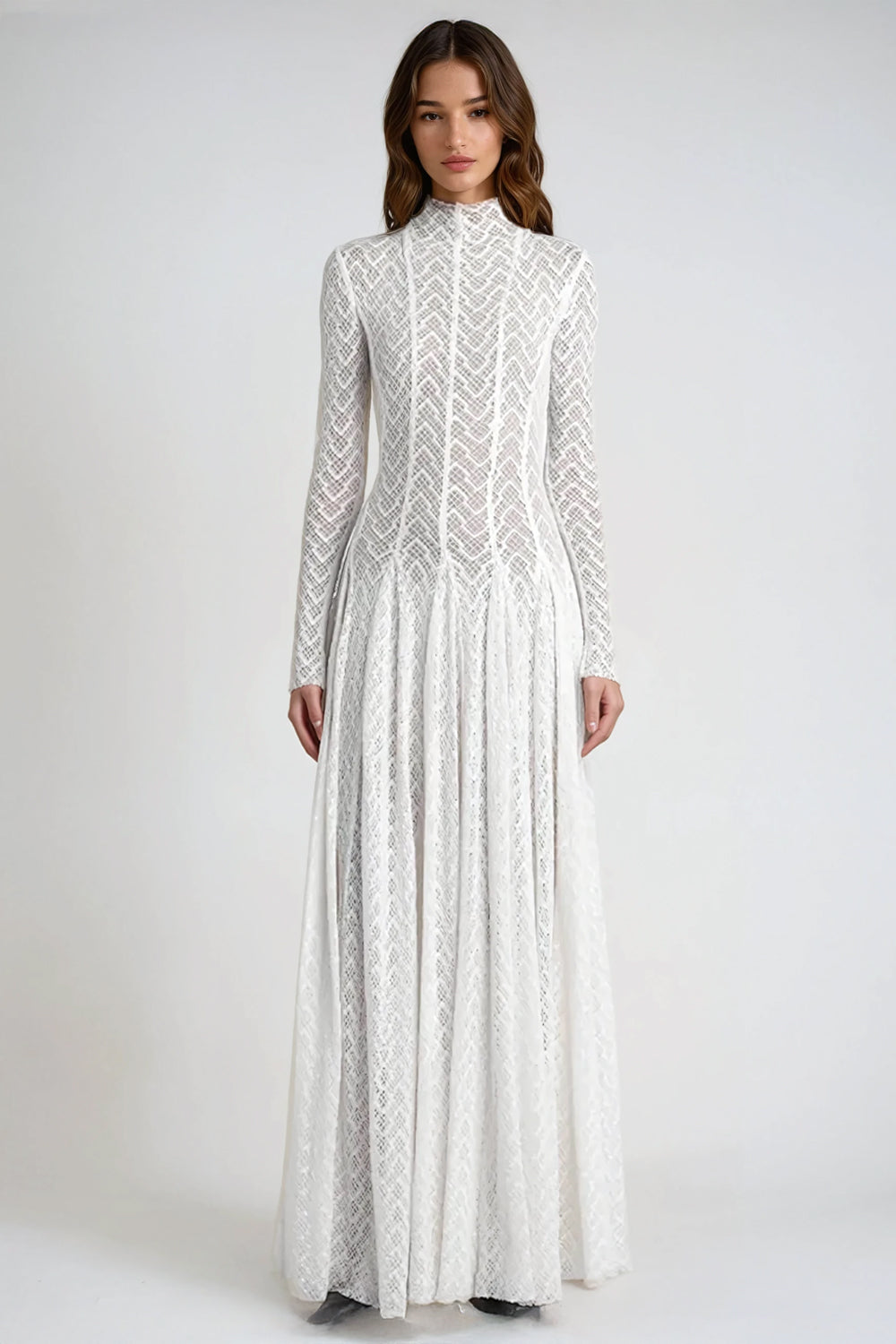 High-Neck Knitted Maxi Dress with Sheer Panels - White