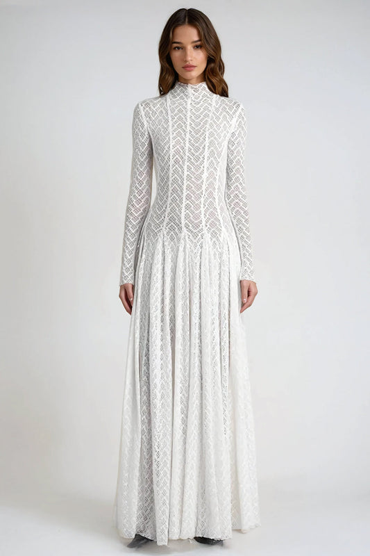 High-Neck Knitted Maxi Dress with Sheer Panels - White