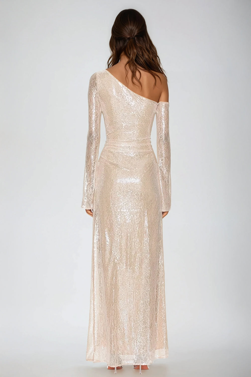 Asymmetrical Sequined Maxi Dress with Floral Accents - Beige