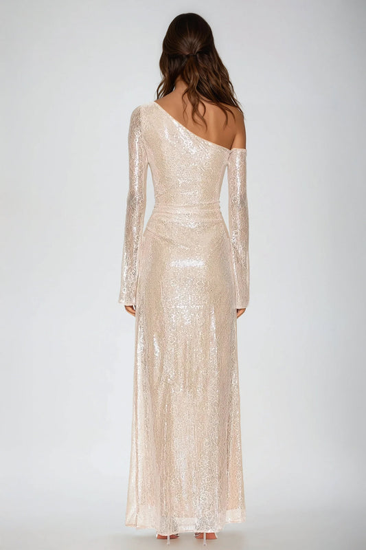 Asymmetrical Sequined Maxi Dress with Floral Accents - Beige